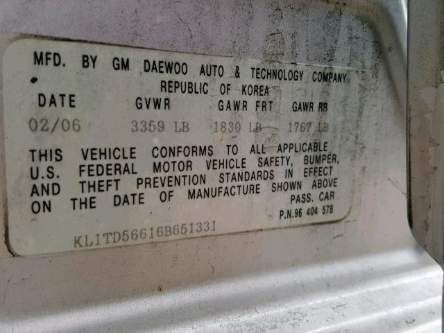 KL1TD56616B651331 - 2006 CHEVROLET AVEO BASE Gümüş foto 10