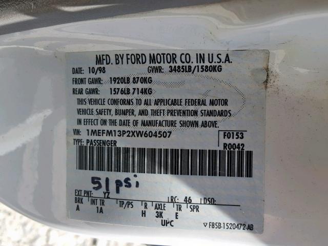 1MEFM13P2XW604507 - 1999 MERCURY TRACER LS WHITE photo 10