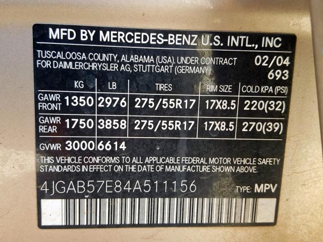 4JGAB57E84A511156 - 2004 MERCEDES-BENZ ML 350 GOLD photo 10