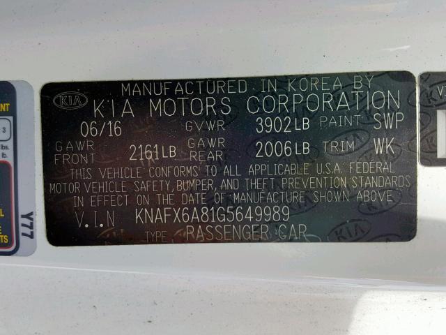 KNAFX6A81G5649989 - 2016 KIA FORTE EX WHITE photo 10