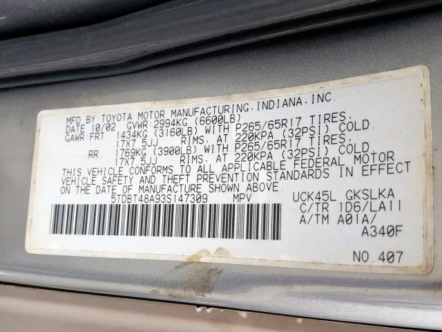 5TDBT48A93S147309 - 2003 TOYOTA SEQUOIA LI GRAY photo 10