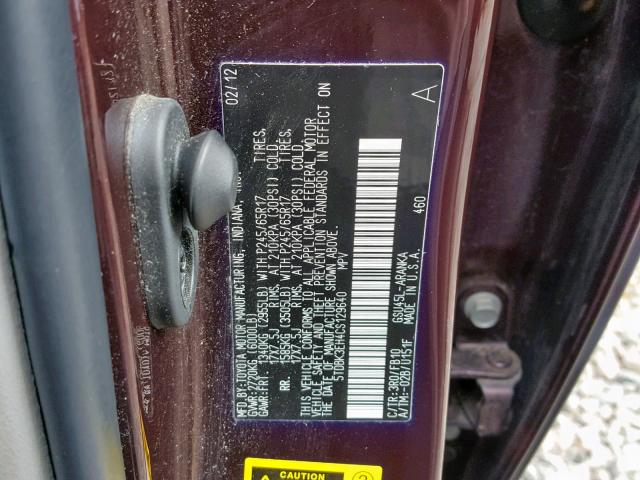 5TDBK3EH4CS129640 - 2012 TOYOTA HIGHLANDER BURGUNDY photo 10