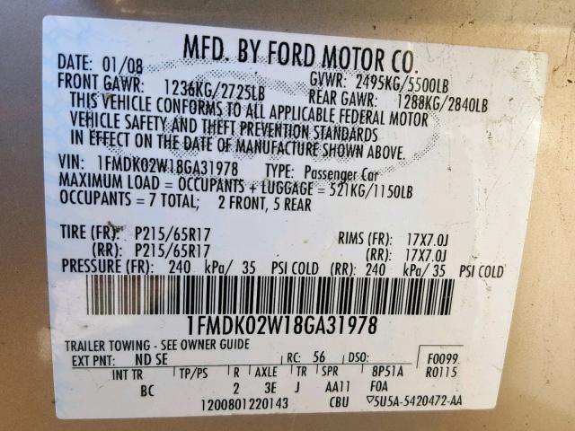 1FMDK02W18GA31978 - 2008 FORD TAURUS X S TAN photo 10