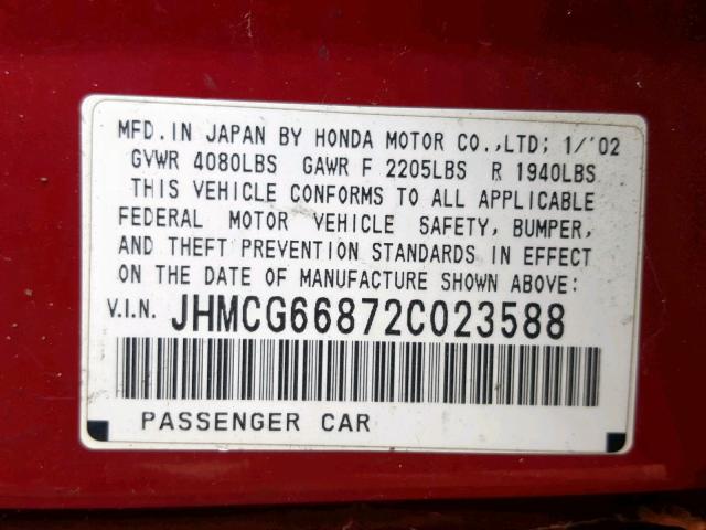 JHMCG66872C023588 - 2002 HONDA ACCORD EX RED photo 10