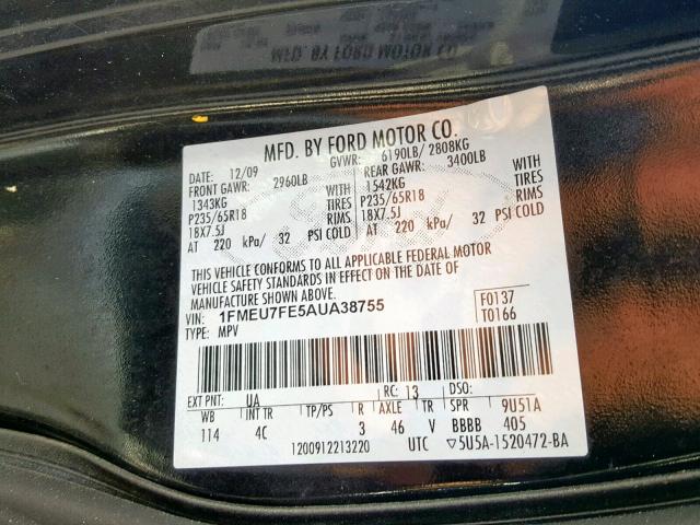 1FMEU7FE5AUA38755 - 2010 FORD EXPLORER L BLACK photo 10