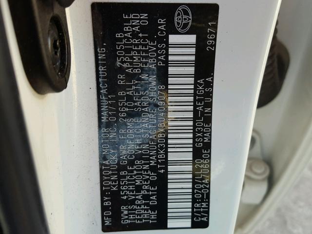 4T1BK3DBXBU409078 - 2011 TOYOTA AVALON BAS أبيض صورة 10