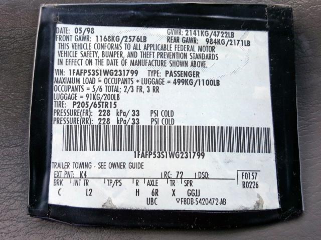 1FAFP53S1WG231799 - 1998 FORD TAURUS SE COMFORT  photo 10