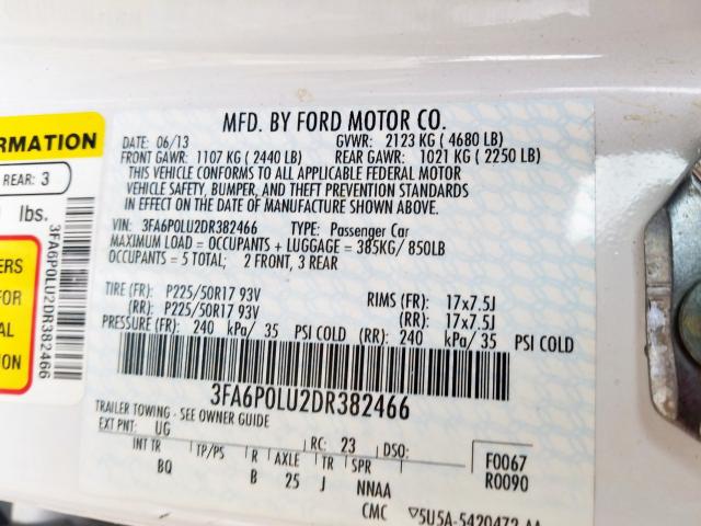 3FA6P0LU2DR382466 - 2013 FORD FUSION SE HYBRID  photo 10