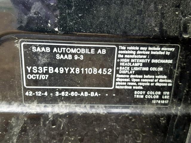 YS3FB49YX81108452 - 2008 SAAB 9-3 2.0T BLACK photo 10