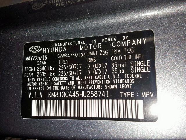 KM8J3CA45HU258741 - 2017 HYUNDAI TUCSON LIM GRAY photo 10