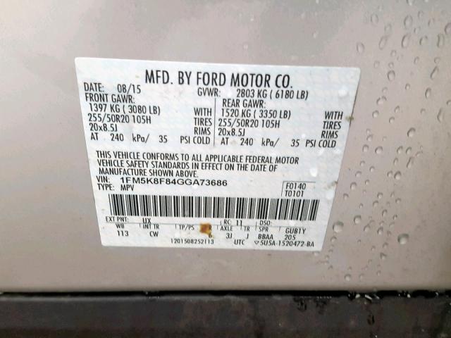 1FM5K8F84GGA73686 - 2016 FORD EXPLORER L SILVER photo 10