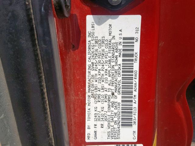 5TEUU42N29Z621338 - 2009 TOYOTA TACOMA ACC RED photo 10