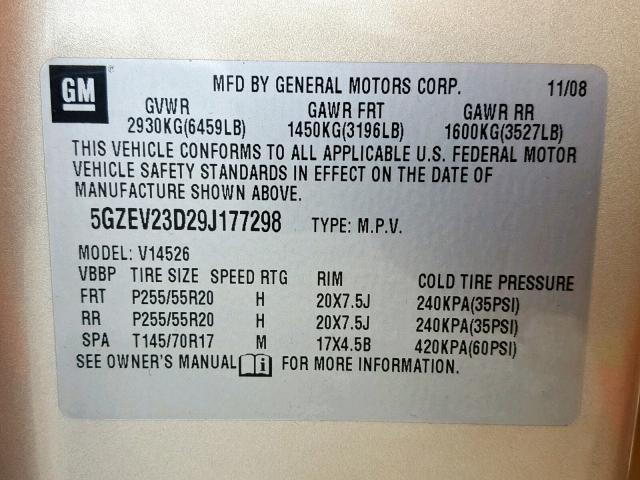 5GZEV23D29J177298 - 2009 SATURN OUTLOOK XR ოქროსფერი ფოტო 10