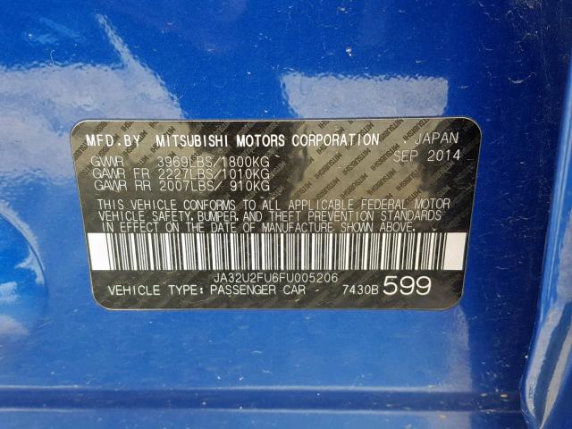 JA32U2FU6FU005206 - 2015 MITSUBISHI LANCER ES BLUE photo 10