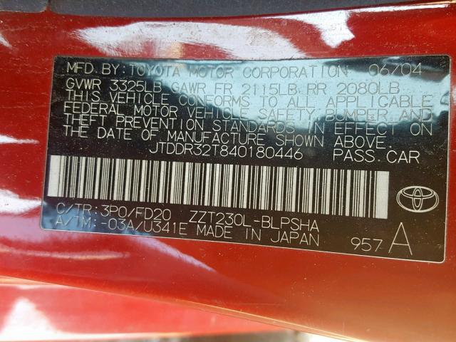 JTDDR32T840180446 - 2004 TOYOTA CELICA GT RED photo 10