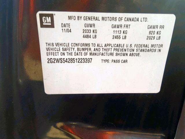 2G2WS542851223397 - 2005 PONTIAC GRAND PRIX BLACK photo 10