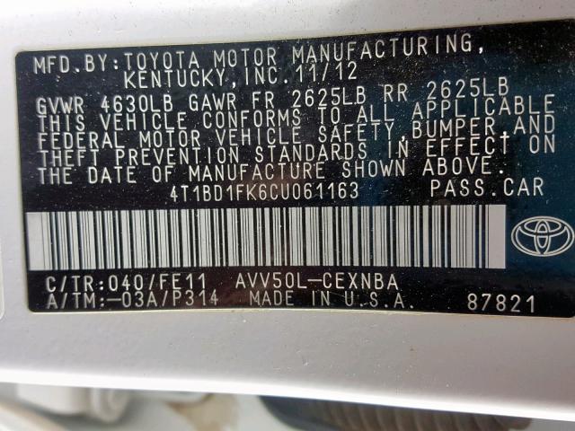 4T1BD1FK6CU061163 - 2012 TOYOTA CAMRY HYBR WHITE photo 10