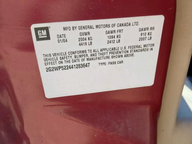 2G2WP522441283647 - 2004 PONTIAC GRAND PRIX MAROON photo 10
