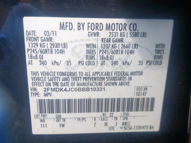 2FMDK4JC0BBB10331 - 2011 FORD EDGE SEL BLACK photo 10