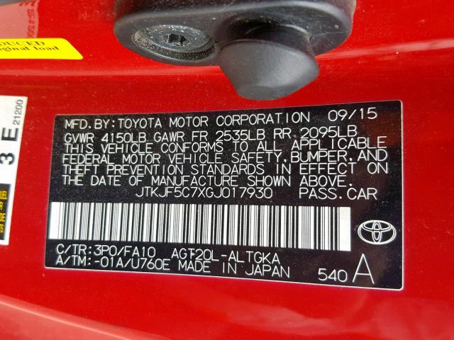 JTKJF5C7XGJ017930 - 2016 TOYOTA SCION TC 红色 照片 10