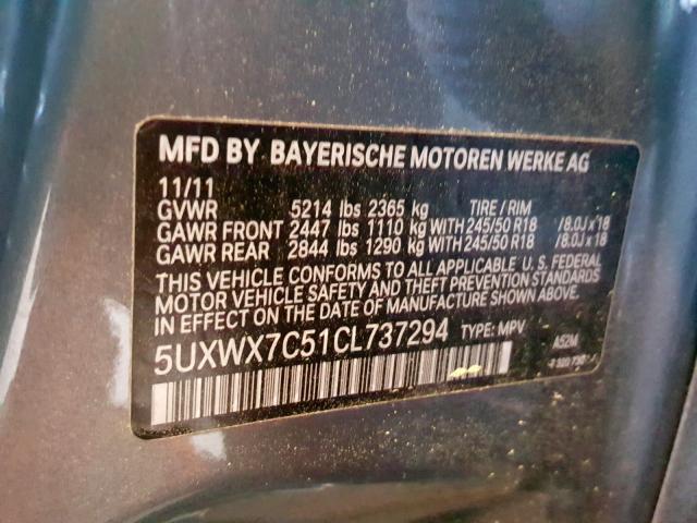 5UXWX7C51CL737294 - 2012 BMW X3 XDRIVE3 GRAY photo 10