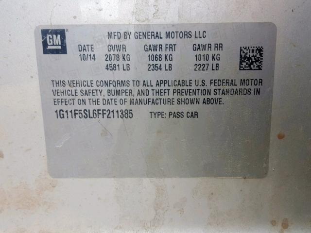 1G11F5SL6FF211385 - 2015 CHEVROLET MALIBU LTZ ვერცხლისფერი ფოტო 10