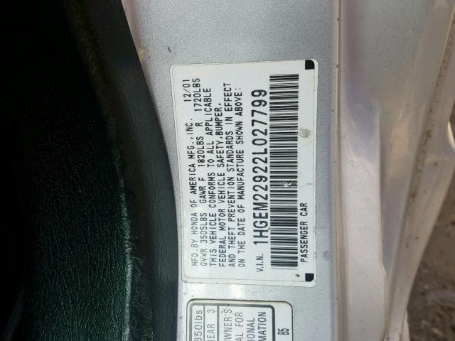 1HGEM22922L027799 - 2002 HONDA CIVIC EX SILVER photo 10