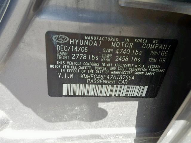 KMHFC46F47A187554 - 2007 HYUNDAI AZERA SE SILVER photo 10