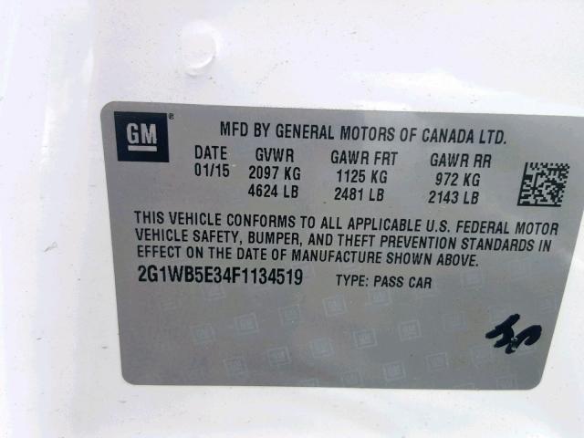 2G1WB5E34F1134519 - 2015 CHEVROLET IMPALA LIM WHITE photo 10