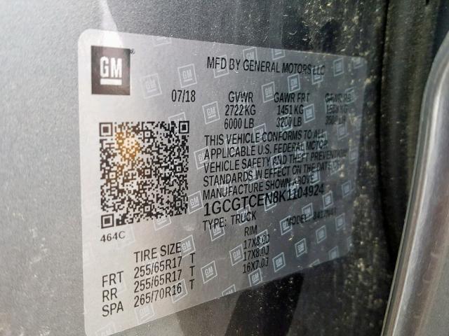 1GCGTCEN8K1104924 - 2019 CHEVROLET COLORADO L GRAY photo 10