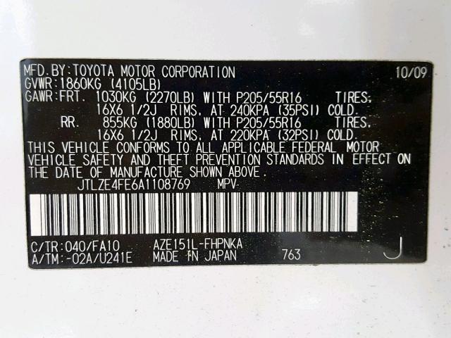 JTLZE4FE6A1108769 - 2010 TOYOTA SCION XB 白色 照片 10