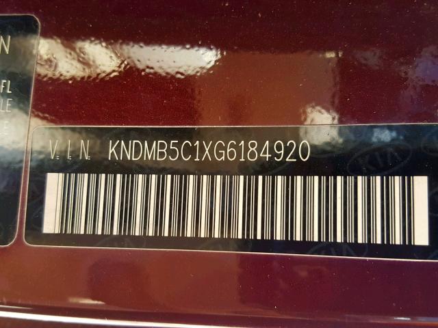 KNDMB5C1XG6184920 - 2016 KIA SEDONA LX BURGUNDY photo 10