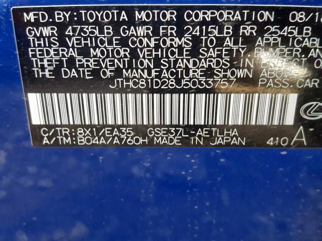 JTHC81D28J5033757 - 2018 LEXUS IS 300 BLUE photo 10