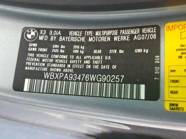 WBXPA93476WG90257 - 2006 BMW X3 3.0I GRAY photo 10