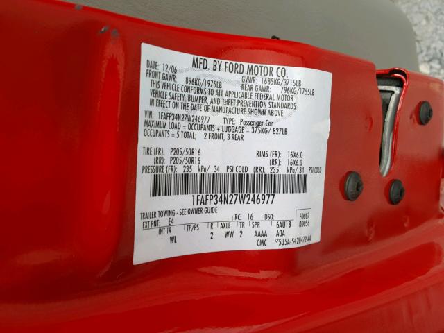 1FAFP34N27W246977 - 2007 FORD FOCUS ZX4 RED photo 10