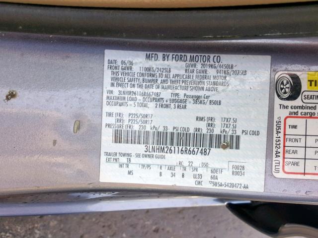 3LNHM26116R667487 - 2006 LINCOLN ZEPHYR GRAY photo 10