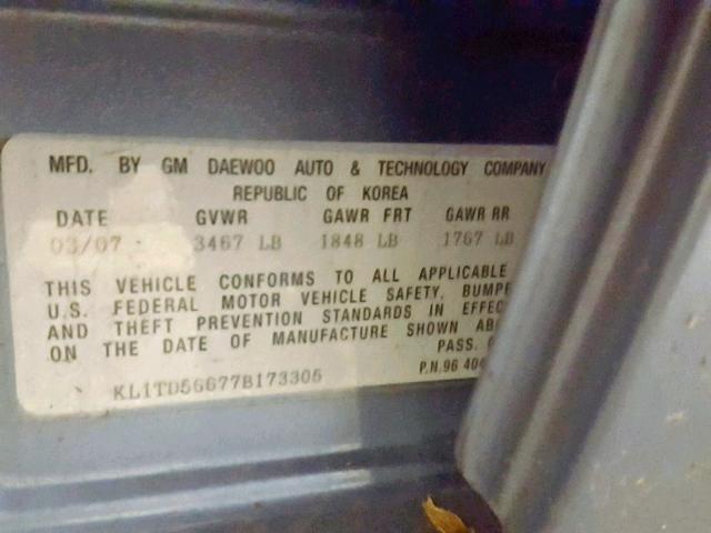 KL1TD56677B173305 - 2007 CHEVROLET AVEO BASE Mavi foto 10