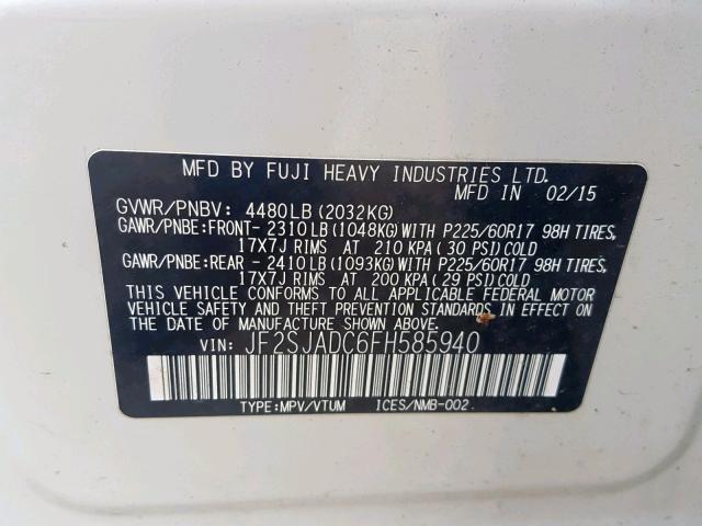 JF2SJADC6FH585940 - 2015 SUBARU FORESTER 2 WHITE photo 10