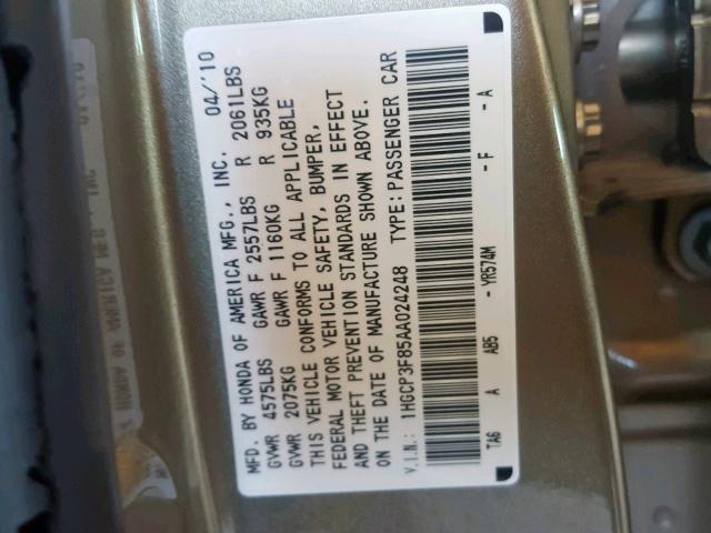 1HGCP3F85AA024248 - 2010 HONDA ACCORD EXL GOLD photo 10