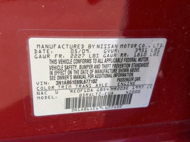 3N1AB61E69L677102 - 2009 NISSAN SENTRA 2.0 RED photo 10