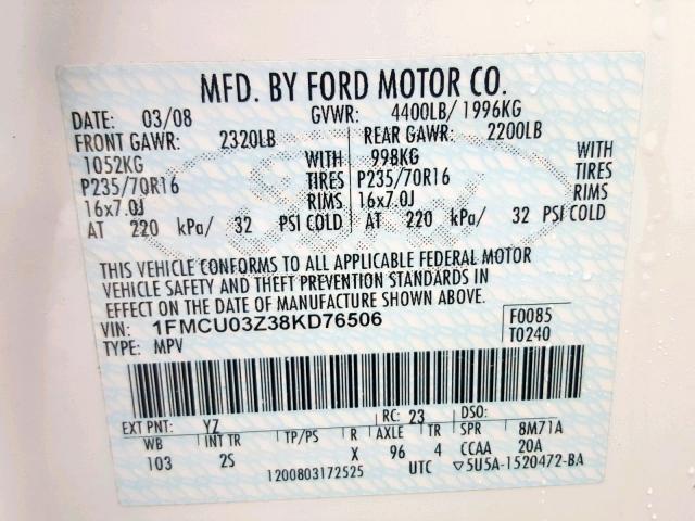 1FMCU03Z38KD76506 - 2008 FORD ESCAPE XLT WHITE photo 10