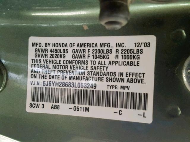 5J6YH28683L053249 - 2003 HONDA ELEMENT EX GREEN photo 10