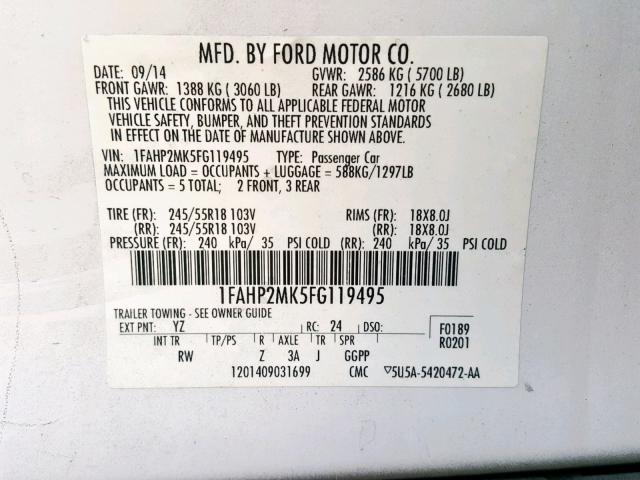 1FAHP2MK5FG119495 - 2015 FORD TAURUS POL WHITE photo 10