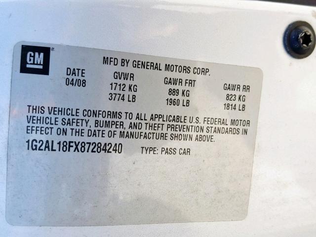 1G2AL18FX87284240 - 2008 PONTIAC G5 SILVER photo 10