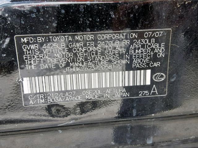 JTHBK262372058172 - 2007 LEXUS IS 250 BLACK photo 10