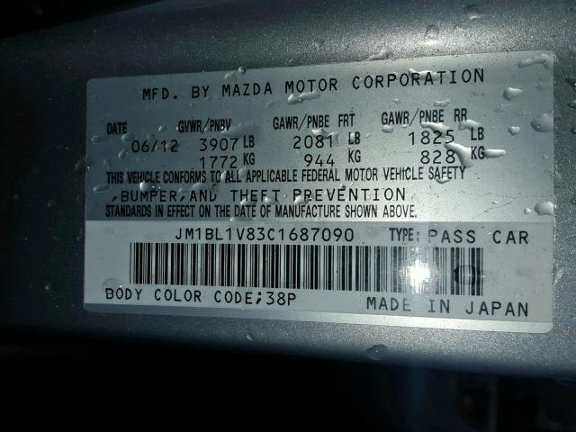 JM1BL1V83C1687090 - 2012 MAZDA 3 I SILVER photo 10