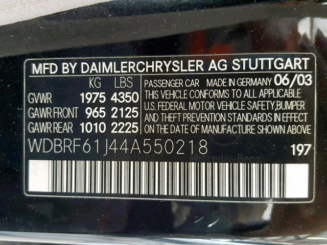 WDBRF61J44A550218 - 2004 MERCEDES-BENZ C 240 BLACK photo 10