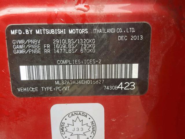 ML32A3HJ4EH015827 - 2014 MITSUBISHI MIRAGE DE RED photo 10