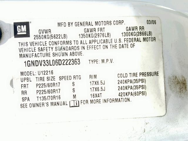 1GNDV33L06D222363 - 2006 CHEVROLET UPLANDER L 白色 照片 10