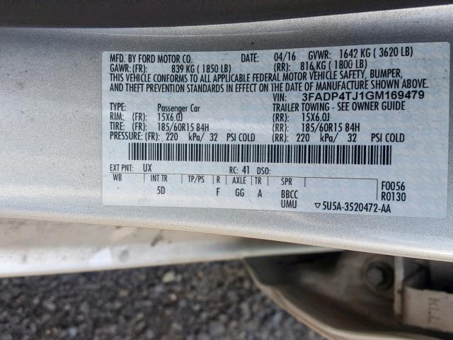 3FADP4TJ1GM169479 - 2016 FORD FIESTA S SILVER photo 10